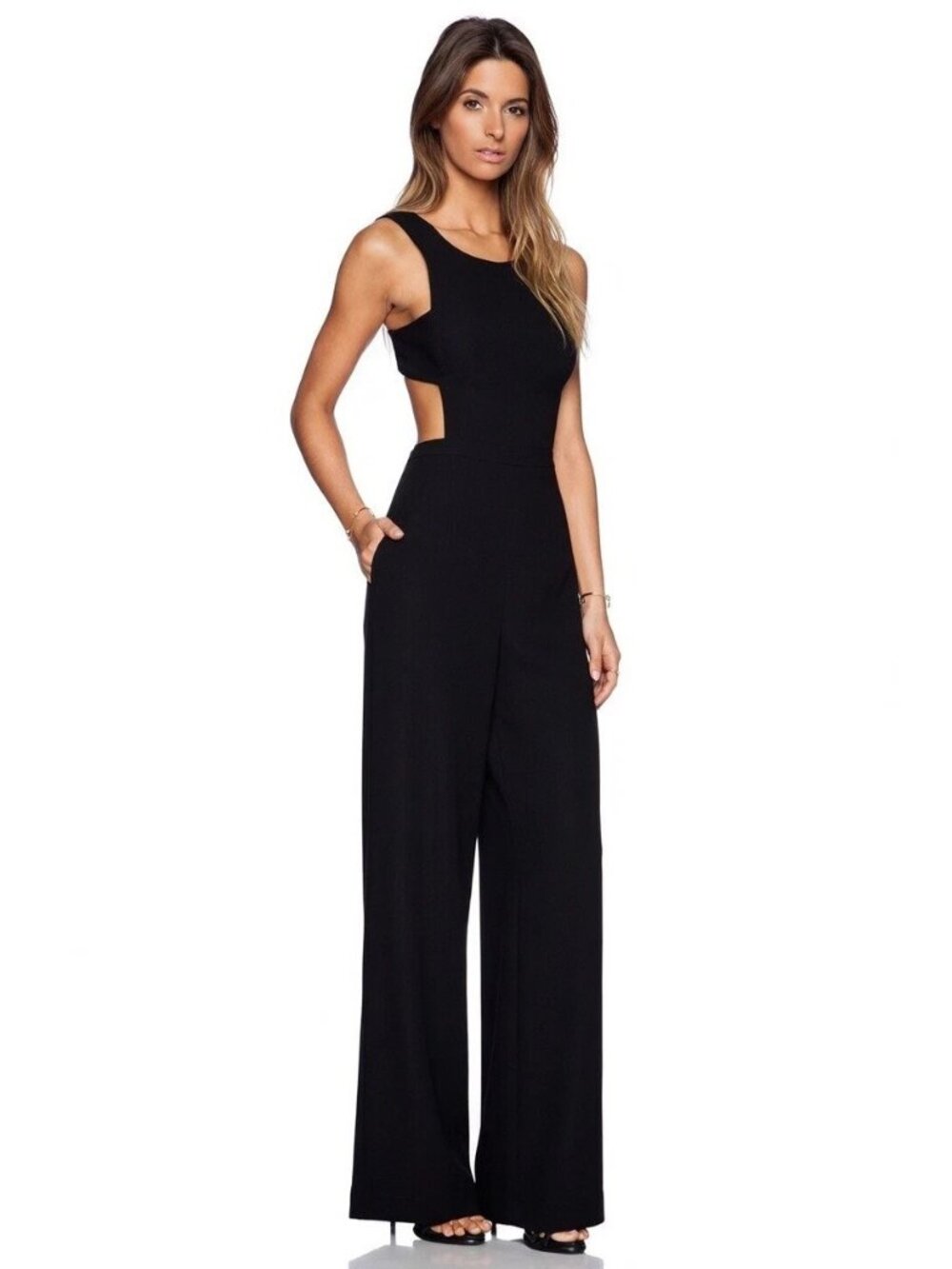 NWT BCBG MaxAzria Rossana in Black Satin Wide Leg Cutout Jumpsuit 8 x 32